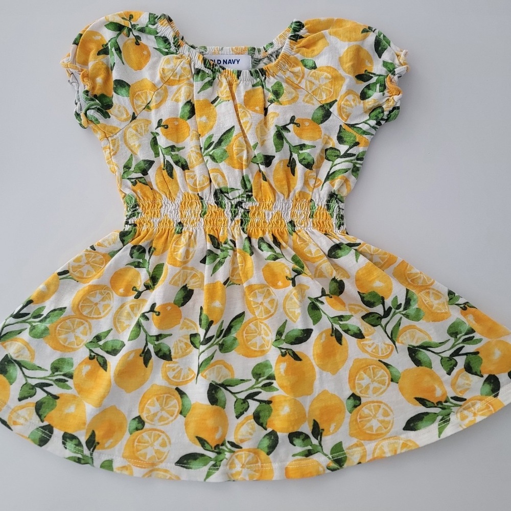 Old Navy Girls Lemon Print Smocked Waist Short‎ Sleeve Fit and Flare Dress White